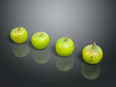 Four Fresh Green Apples With Small Spots On Black Background With Reflections 3d model Four Fresh Green Apples With Small Spots On Black Background With Reflections 3d model