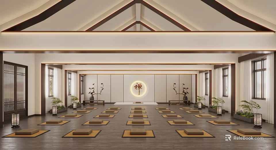 Zen Inspired Yoga Fitness Studio With Neatly Arranged Mats And Bright Interior 3d model 
