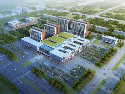 Modern Hospital Building Complex with Green Roof Surrounding Greenery and Parking Areas 3d model