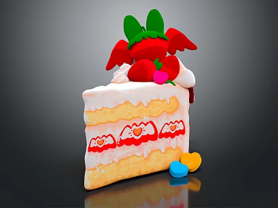 Delicious Layered Cake With Cream Strawberry And Green Leaf Decorations Alongside Small Colorful Candies 3d model