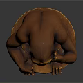 Wooden Monkey Statue Sitting With Hand On Chin And Muscular Torso On Base