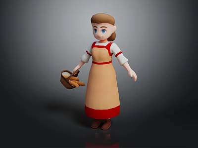 Game Movie Character with Brown Hair Blue Eyes White Blouse Red Apron Holding Bread Basket 3d model