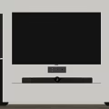Modern Wall Mounted TV With Black Floor Standing Speakers And White Shelf Audio Equipment