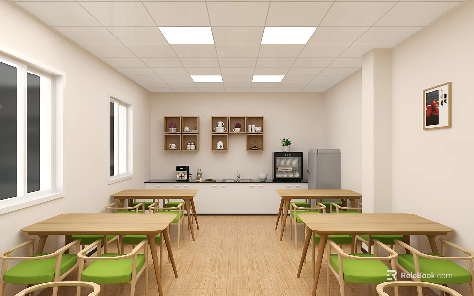 Restaurant Interior With Wooden Tables Green Chairs White Counter Open Wooden Shelves And Refrigerator 3d model 