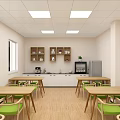 Restaurant Interior With Wooden Tables Green Chairs White Counter Open Wooden Shelves And Refrigerator