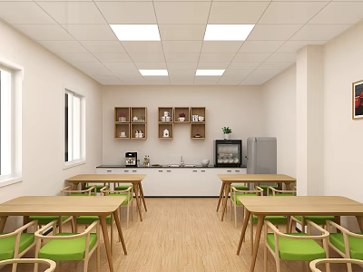 Restaurant Interior With Wooden Tables Green Chairs White Counter Open Wooden Shelves And Refrigerator 3d model