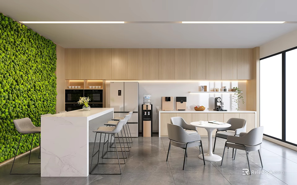 Modern Break Room Interior With Green Living Wall Wooden Cabinets And Marble Counter 3d model 