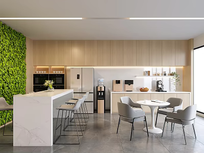 Modern Break Room Interior With Green Living Wall Wooden Cabinets And Marble Counter 3d model
