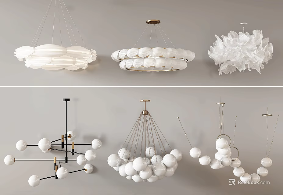 Artistic Modern Chandeliers With White Spherical And Petal Shaped Design Features 3d model 