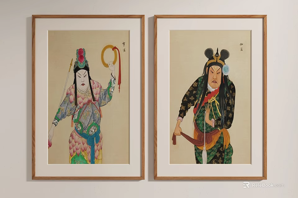 Two Framed Traditional Theatrical Character Paintings with Ornate Costumes on Wall 3d model 