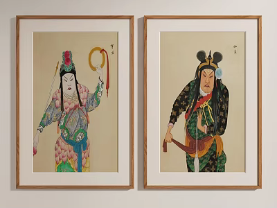 Two Framed Traditional Theatrical Character Paintings with Ornate Costumes on Wall 3d model