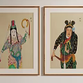 Two Framed Traditional Theatrical Character Paintings with Ornate Costumes on Wall