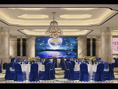 Banquet Hall Interior Design With Blue Chair Covers White Tablecloths Moon Stars Backdrop And Chandelier 3d model
