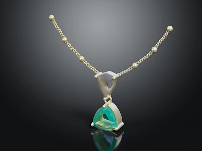 Elegant Gold Chain Necklace With Small Beads And Green Triangular Gemstone Pendant 3d model