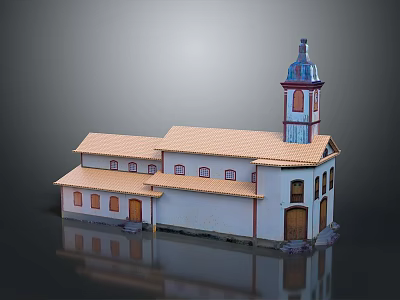 Traditional Church Building With Brown Roof White Walls And Bell Tower 3d model
