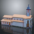 Traditional Church Building With Brown Roof White Walls And Bell Tower