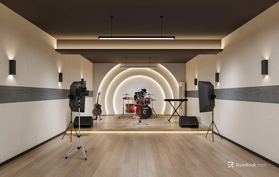 Modern Professional Music Studio With Full Musical Instruments And Warm Ambient Lighting Interior Design 3d model 