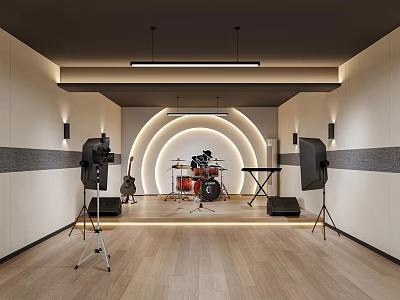 Modern Professional Music Studio With Full Musical Instruments And Warm Ambient Lighting Interior Design 3d model