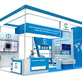 Blue Chenming Exhibition Booth with Display Screen Reception Desk World Map and Green Plants