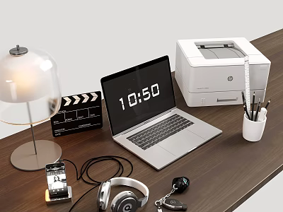 Organized Wooden Desk Setup With Laptop Printer Lamp Clapperboard And Accessories 3d model