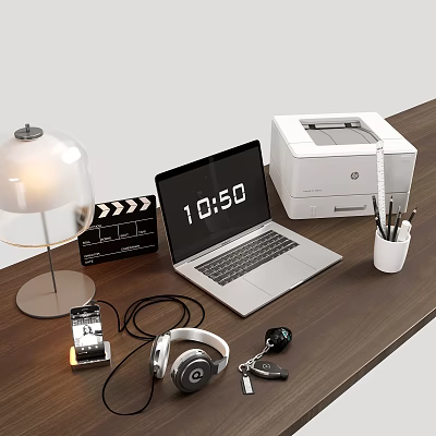 Organized Wooden Desk Setup With Laptop Printer Lamp Clapperboard And Accessories 3d model