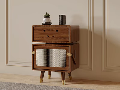 Brown Wooden Entryway Side Cabinet With Grid Design Golden Legs Small Plant And Black Cup 3d model