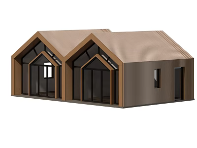 Modern Wooden House Exterior With Gabled Roofs And Large Glass Windows 3d model