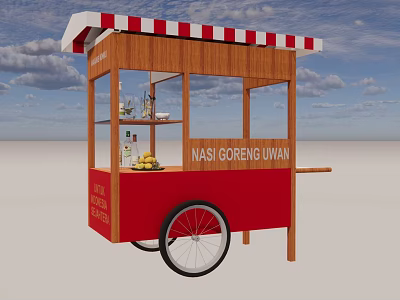 Wooden Food Cart Structure With Red Frame Striped Awning Display Shelves And Wheels 3d model