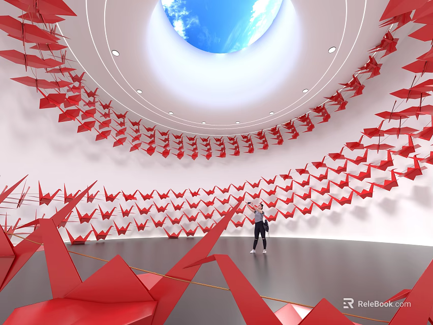 Art Installation With Red Origami Structures Circular Skylight Blue Sky And Person Inside 3d model 