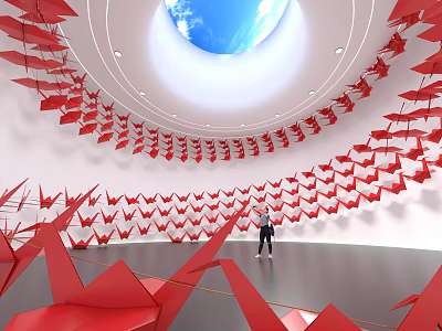 Art Installation With Red Origami Structures Circular Skylight Blue Sky And Person Inside 3d model