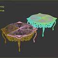 Ornate Vintage Furniture Tables With Purple And White Carved Tops And Golden Decorative Legs
