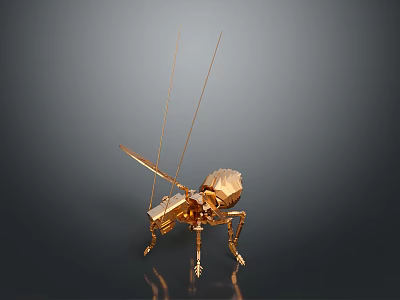 Golden Metallic Ant Sculpture With Long Antennae On Dark Reflective Background 3d model