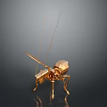 Golden Metallic Ant Sculpture With Long Antennae On Dark Reflective Background