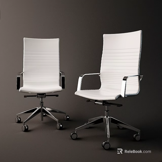 Two Modern Office Chairs And Table Set With White Upholstery Metal Frame And Wheels 3d model 