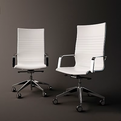 Two Modern Office Chairs And Table Set With White Upholstery Metal Frame And Wheels 3d model