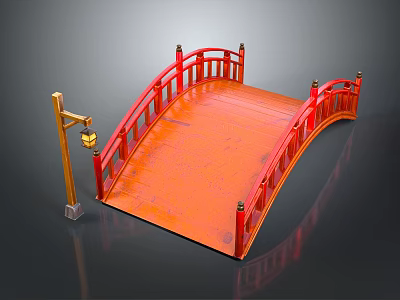 Traditional Red Wooden Bridge With Lantern Shaped Lamp Post And Railings 3d model