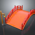 Traditional Red Wooden Bridge With Lantern Shaped Lamp Post And Railings
