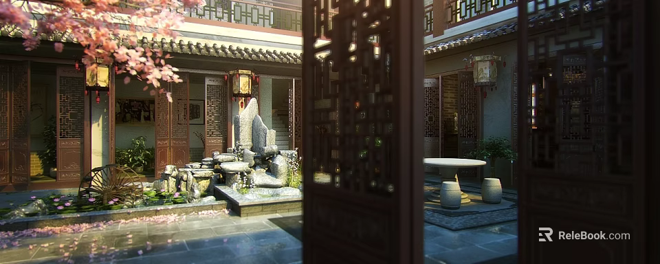 Traditional Chinese Garden Courtyard With Carved Wooden Door Lanterns Rockery And Fountain 3d model 