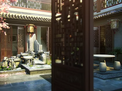 Traditional Chinese Garden Courtyard With Carved Wooden Door Lanterns Rockery And Fountain 3d model