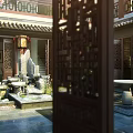 Traditional Chinese Garden Courtyard With Carved Wooden Door Lanterns Rockery And Fountain