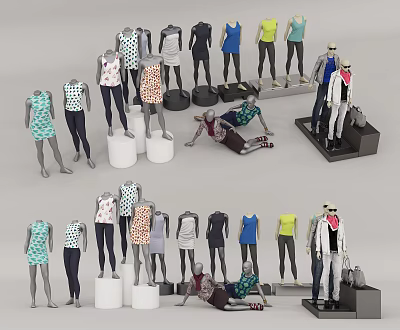 Mannequins In Various Colored Styled Clothes With Standing Lying Poses And Display Bases 3d model