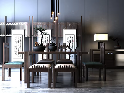 Chinese Style Dining Table Set With Dark Wooden Screen Calligraphy Scrolls And Pendant Lights 3d model