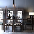 Chinese Style Dining Table Set With Dark Wooden Screen Calligraphy Scrolls And Pendant Lights