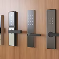 Modern Smart Door Locks With Various Designs On Wooden Wall Panel