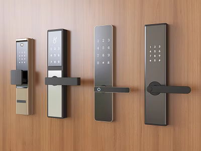 Modern Smart Door Locks With Various Designs On Wooden Wall Panel 3d model