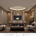 Elegant Private Dining Room Interior With Round Dining Table Chairs Chandelier Sofa And Coffee Table 3d model