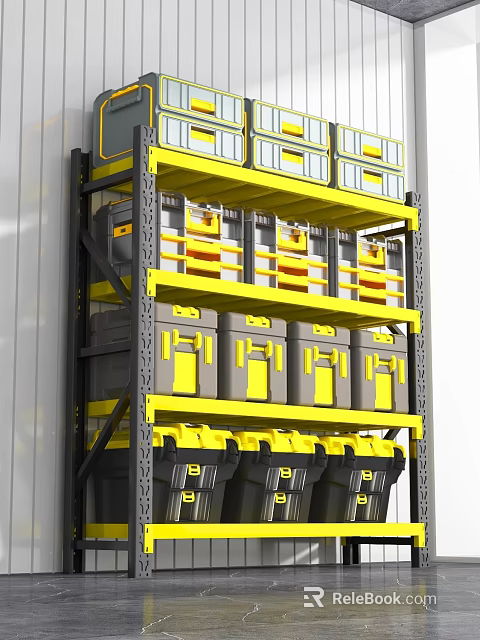 Heavy Duty Metal Storage Rack With Multi Tier Shelves And Yellow Gray Storage Bins 3d model 