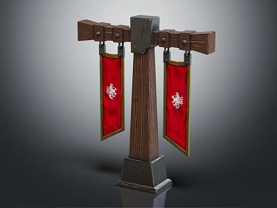 Decorative Wooden Pillar With Crossbar Hanging Red Banners Featuring Emblems On Pedestal Base 3d model