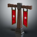 Decorative Wooden Pillar With Crossbar Hanging Red Banners Featuring Emblems On Pedestal Base