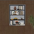 Built in Storage Cabinet in Wooden Wall with Shelves Books Lemons and Decorative Items
